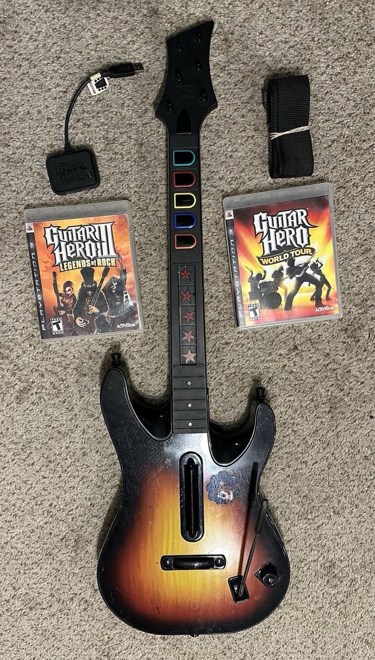 Guitar Hero PlayStation 2 PS3 Sunburst Wireless Controller Dongle 2 Games Tested